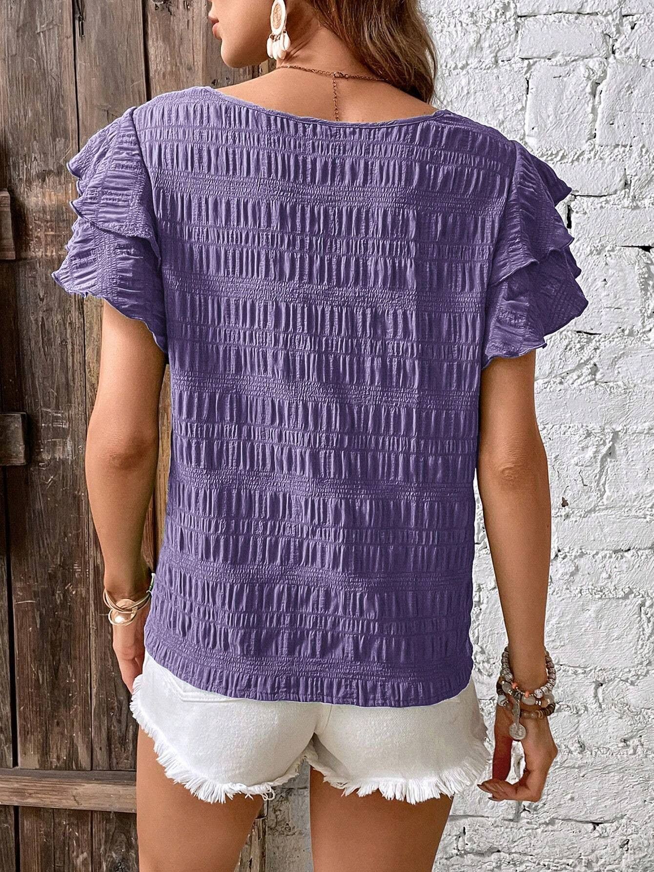 Double ruffled sleeve crew neck blouse