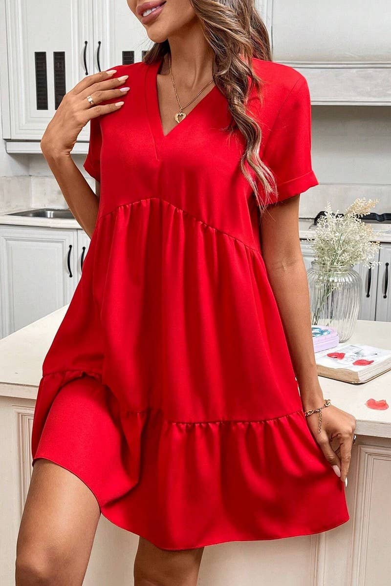 WOVEN ELEGANT V NECK CASUAL LOOSE SWING DRESS