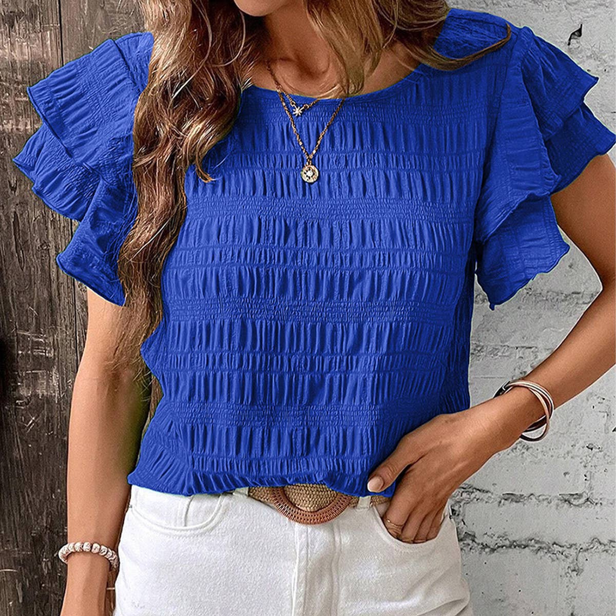 Casual loose ruffled crew-neck pullover chiffon