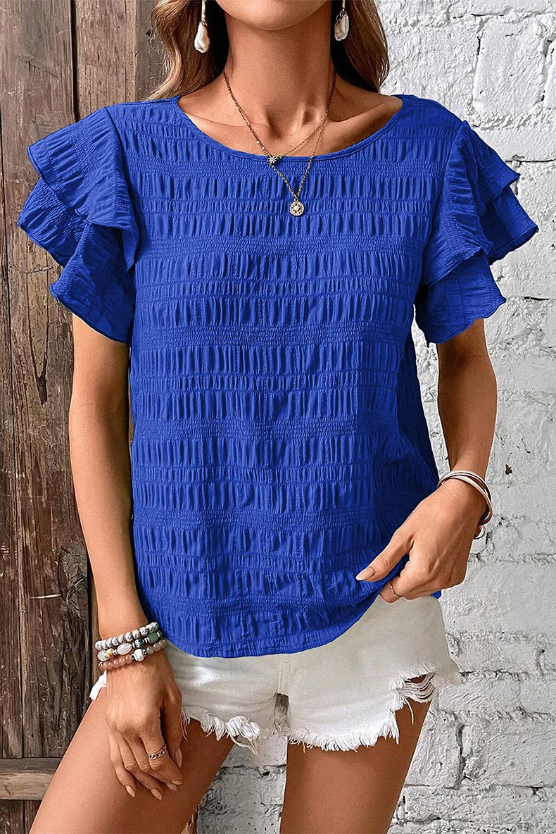 Casual loose ruffled crew-neck pullover chiffon