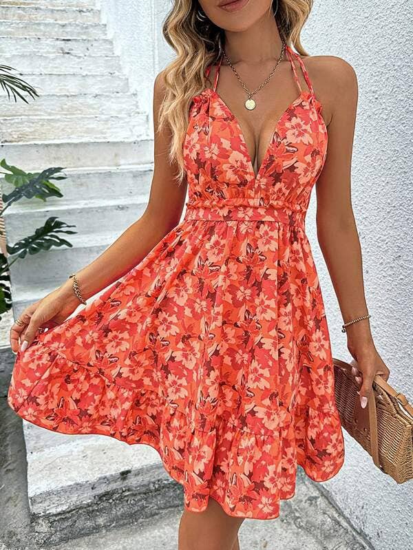 Floral print dress with halter and ruffles