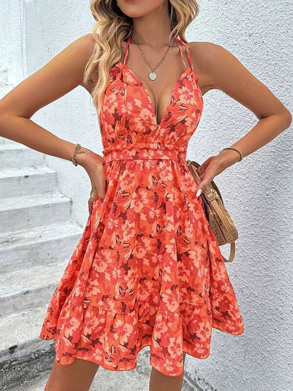 Floral print dress with halter and ruffles