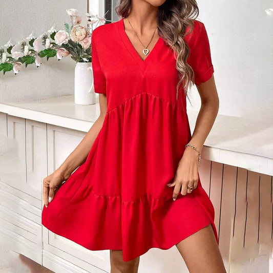 WOVEN ELEGANT V NECK CASUAL LOOSE SWING DRESS