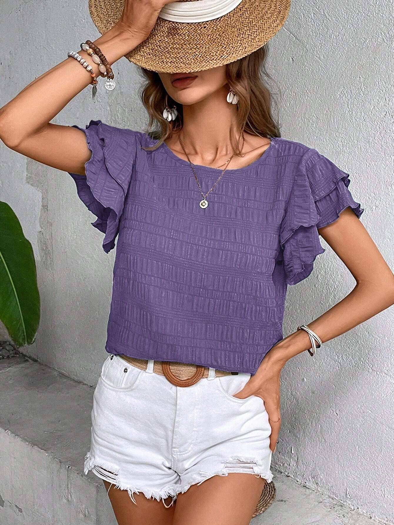 Double ruffled sleeve crew neck blouse