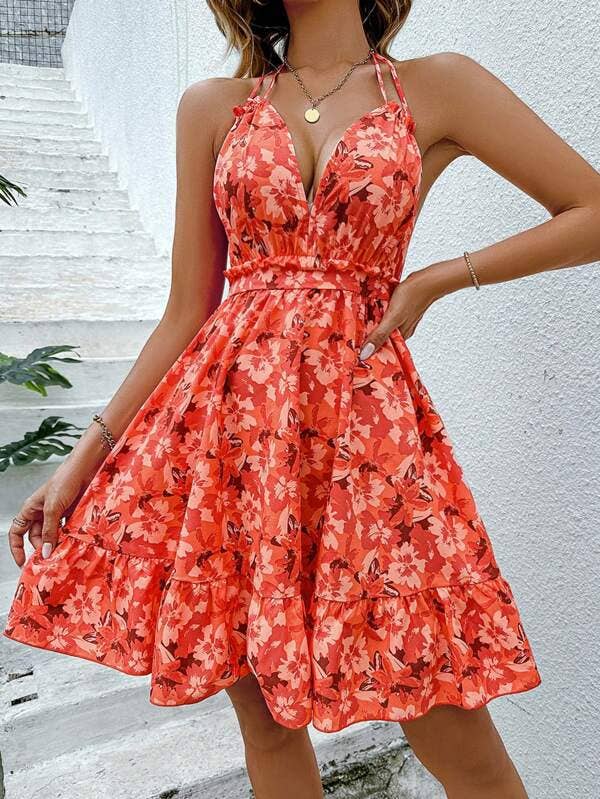 Floral print dress with halter and ruffles