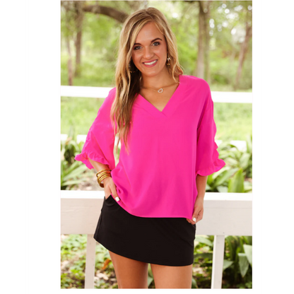 Amy Ruffle Sleeve Top, Neon Coral