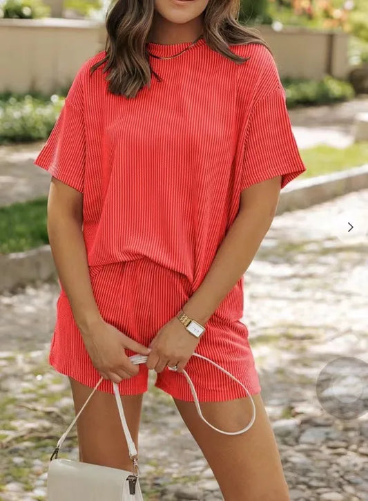 Women's 2 Piece Ribbed Textured Shorts Set