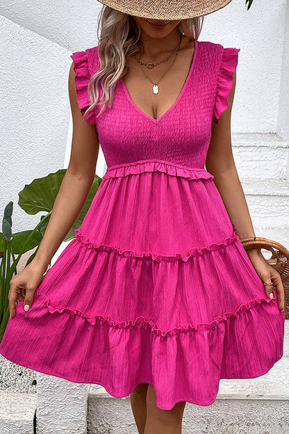 RUFFLED SLEEVELESS SMOCKED DRESS