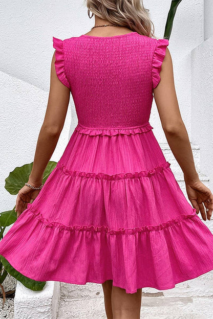 RUFFLED SLEEVELESS SMOCKED DRESS