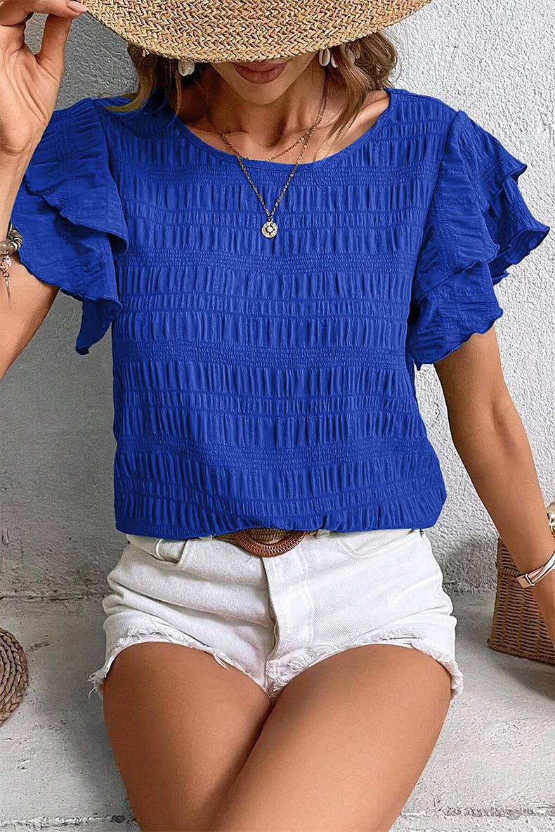Casual loose ruffled crew-neck pullover chiffon
