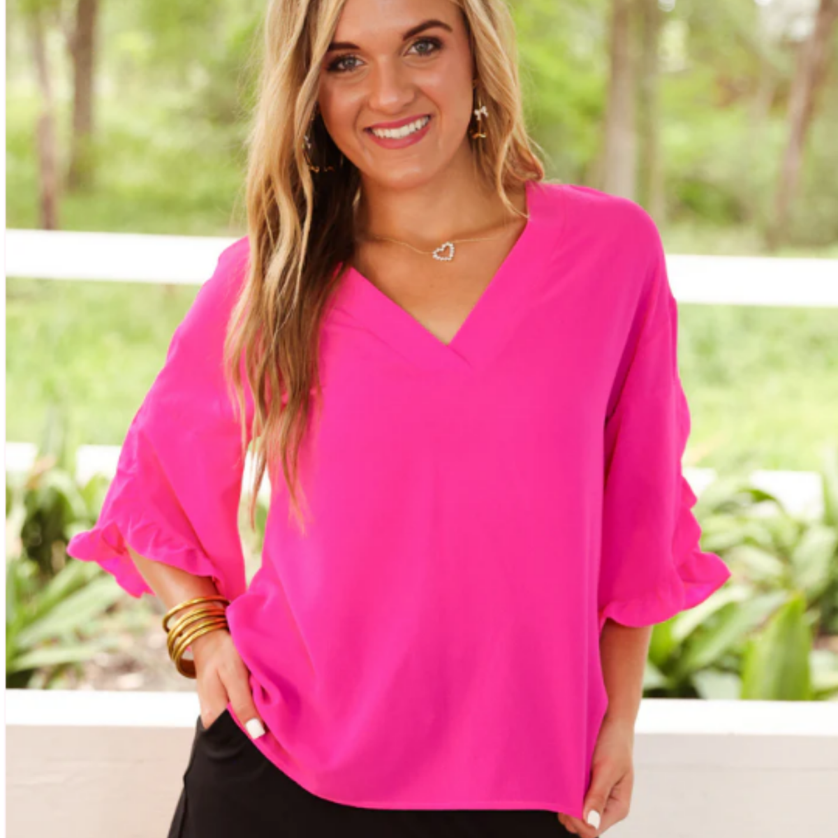 Amy Ruffle Sleeve Top, Neon Coral