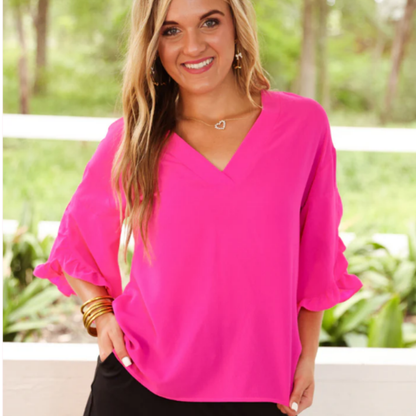 Amy Ruffle Sleeve Top, Neon Coral